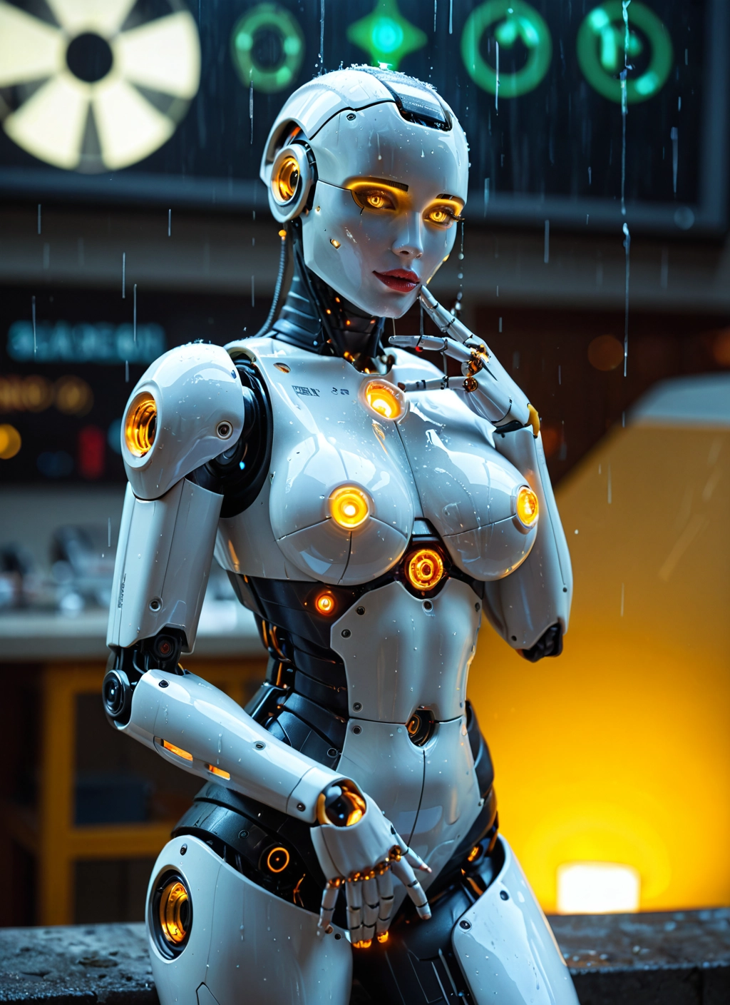 1girl, solo, breasts, rain, robot joints, humanoid robot
