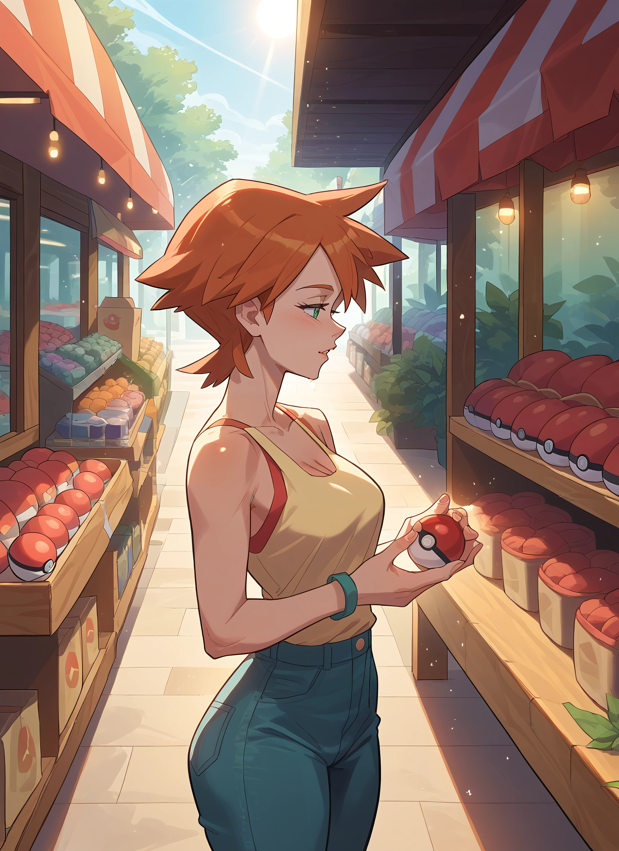 1girl, pants, orange hair, holding, breasts, short hair · Yamete.gg