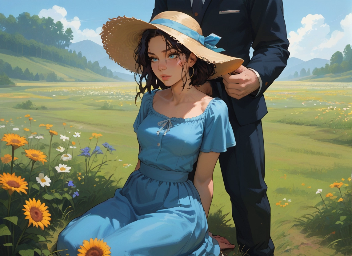 1girl, hat, dress, flower, outdoors, 1boy · Yamete.gg