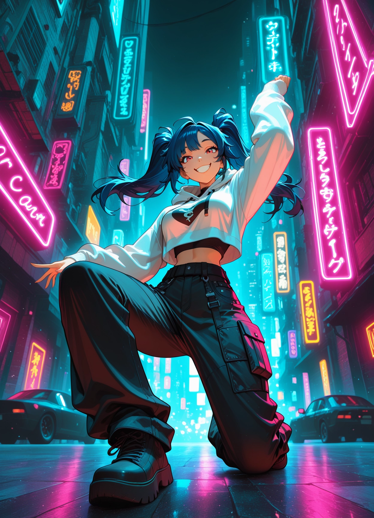 1girl, smile, neon lights, pants, twintails, solo · Yamete.gg
