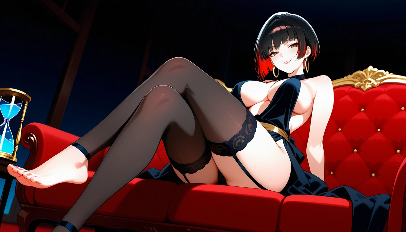 1girl, breasts, solo, black hair, thighhighs, red eyes · Yamete.gg