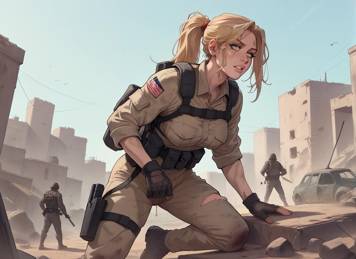 gloves, gun, weapon, fingerless gloves, blonde hair, pants