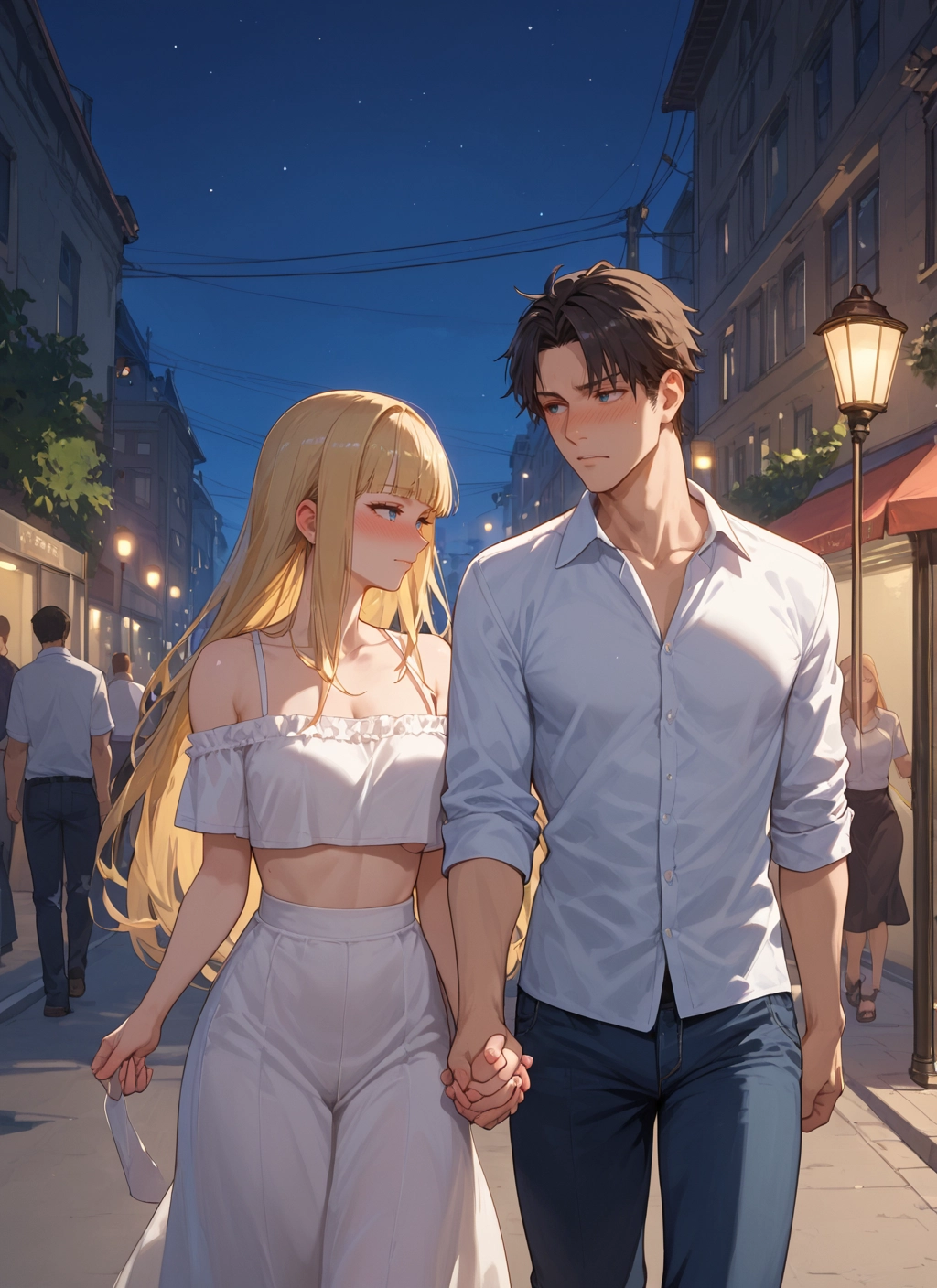blonde hair, long hair, blush, blue eyes, shirt, holding hands · Yamete.gg