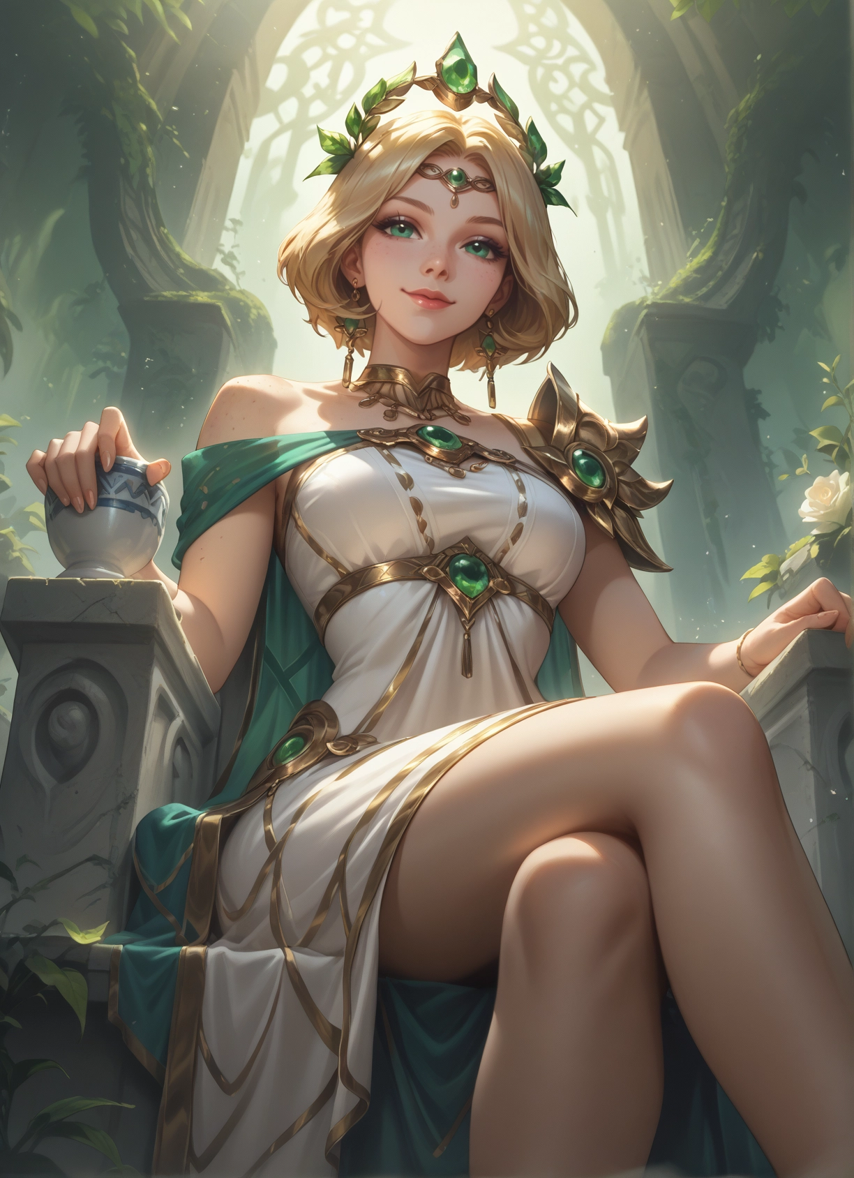 1girl, blonde hair, jewelry, solo, sitting, crossed legs · Yamete.gg