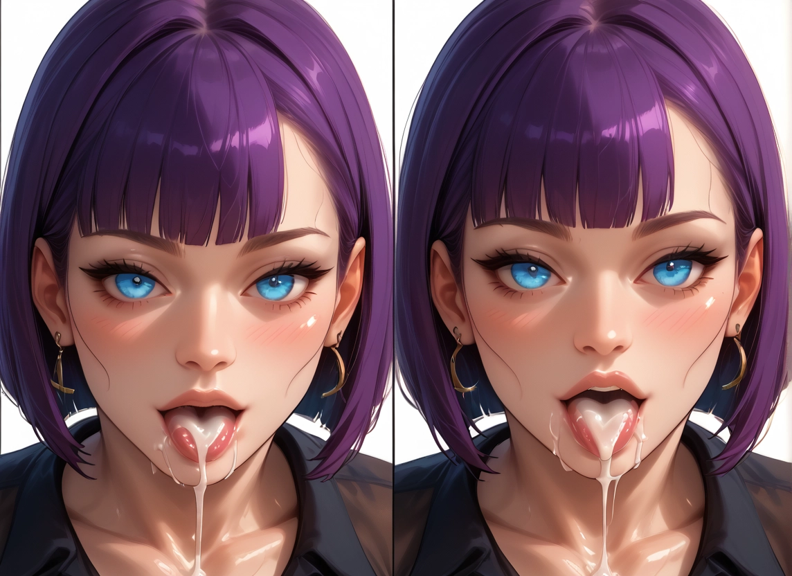 cum, jewelry, earrings, blue eyes, cum in mouth, 1girl · Yamete.gg