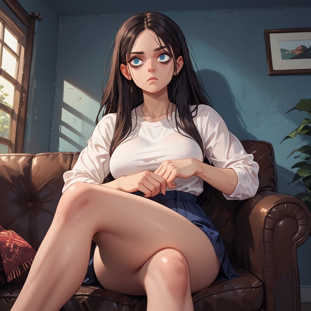 1girl, skirt, long hair, blue eyes, sitting, crossed legs · Yamete.gg