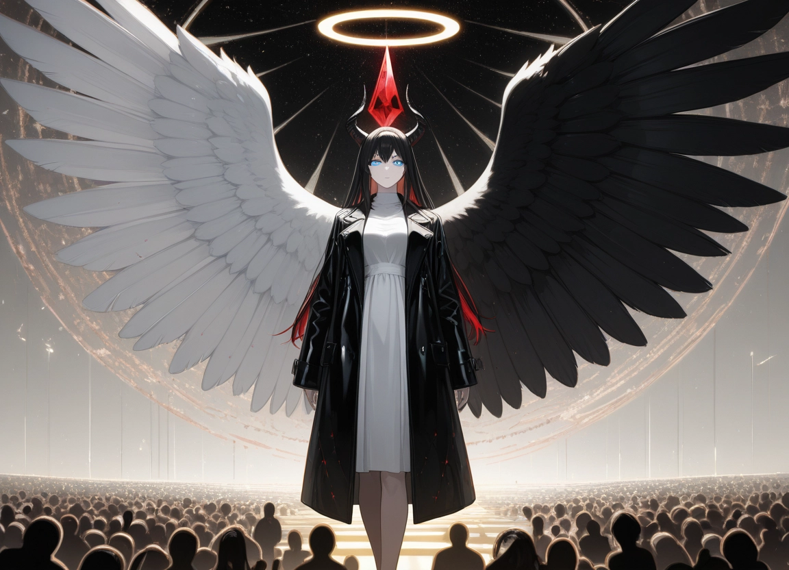wings, blue eyes, 1girl, halo, horns, feathered wings · Yamete.gg