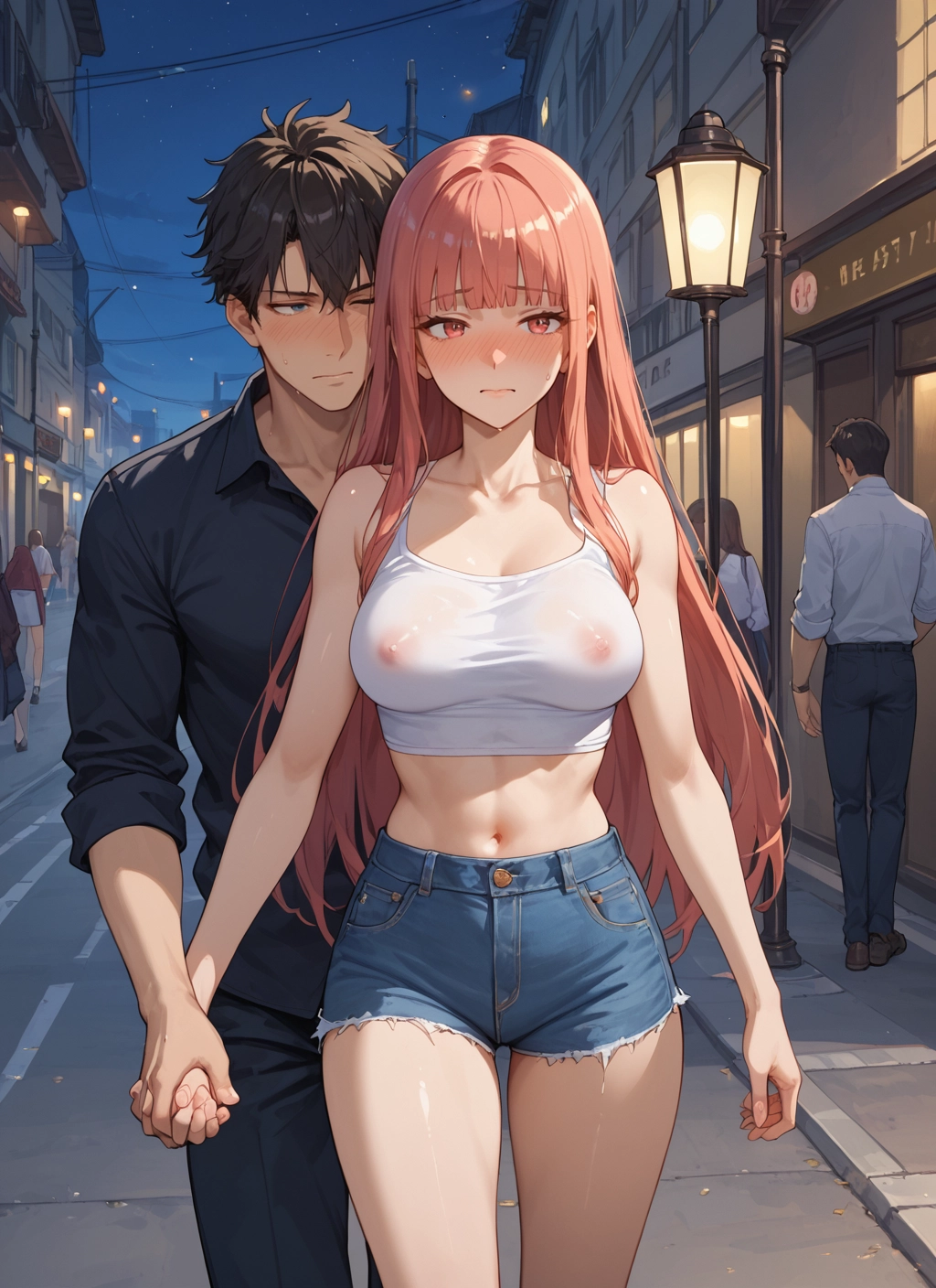 breasts, long hair, shorts, blush, navel, holding hands · Yamete.gg