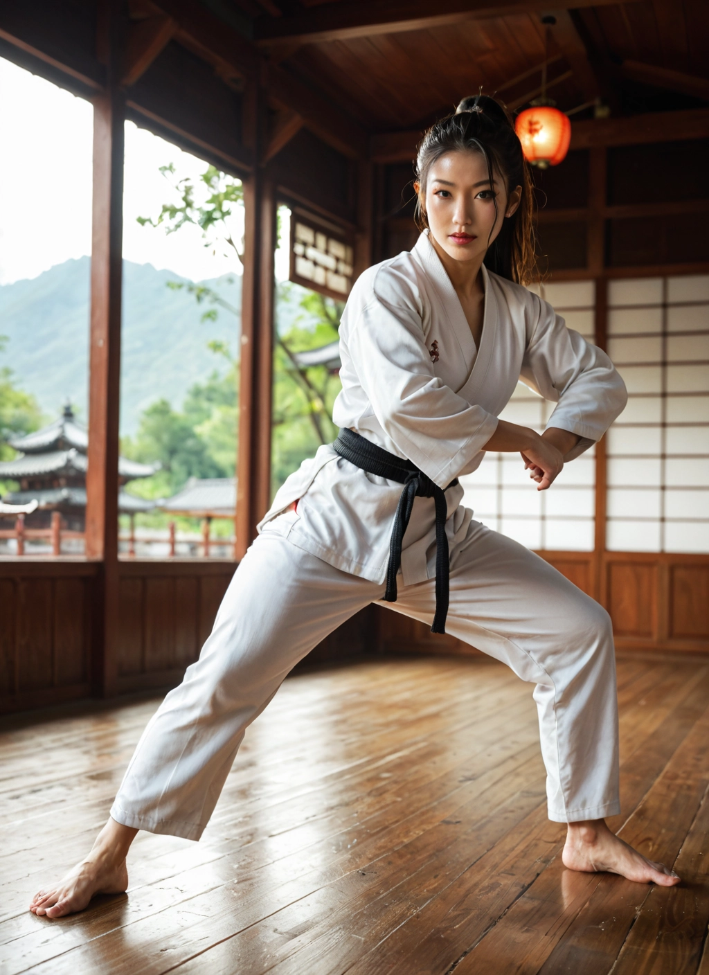 1girl, solo, barefoot, dougi, japanese clothes, dirty feet