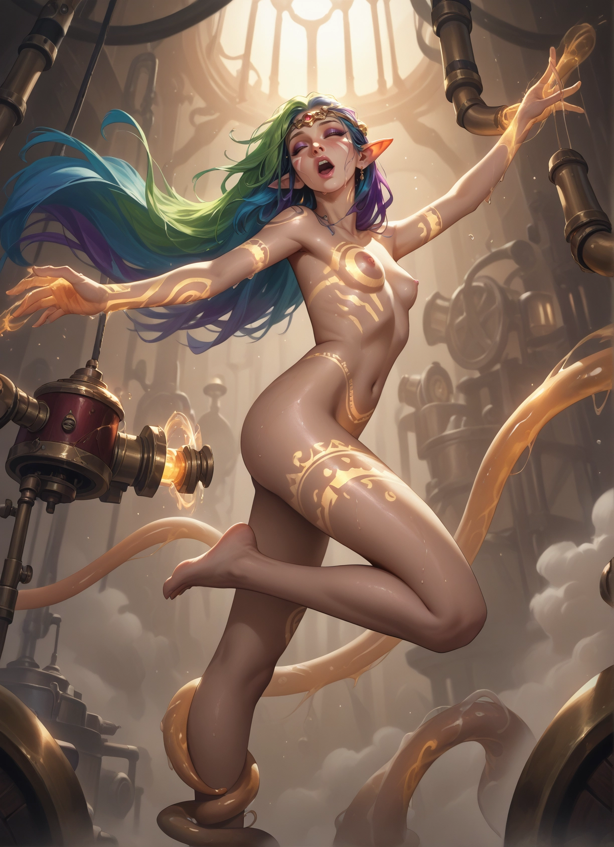 1girl, breasts, pointy ears, nipples, long hair, solo · Yamete.gg