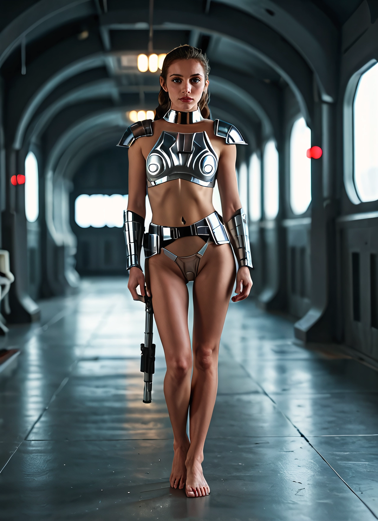 1girl, weapon, solo, gun, armor, barefoot · Yamete.gg