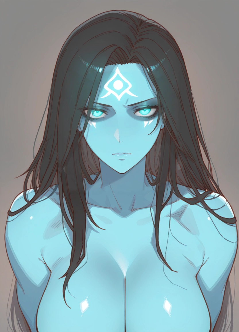 1girl, breasts, solo, long hair, blue skin, colored skin