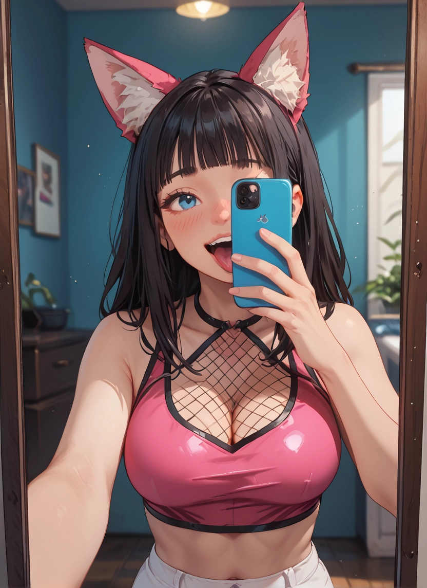 breasts, 1girl, animal ears, phone, cleavage, blue eyes · Yamete.gg