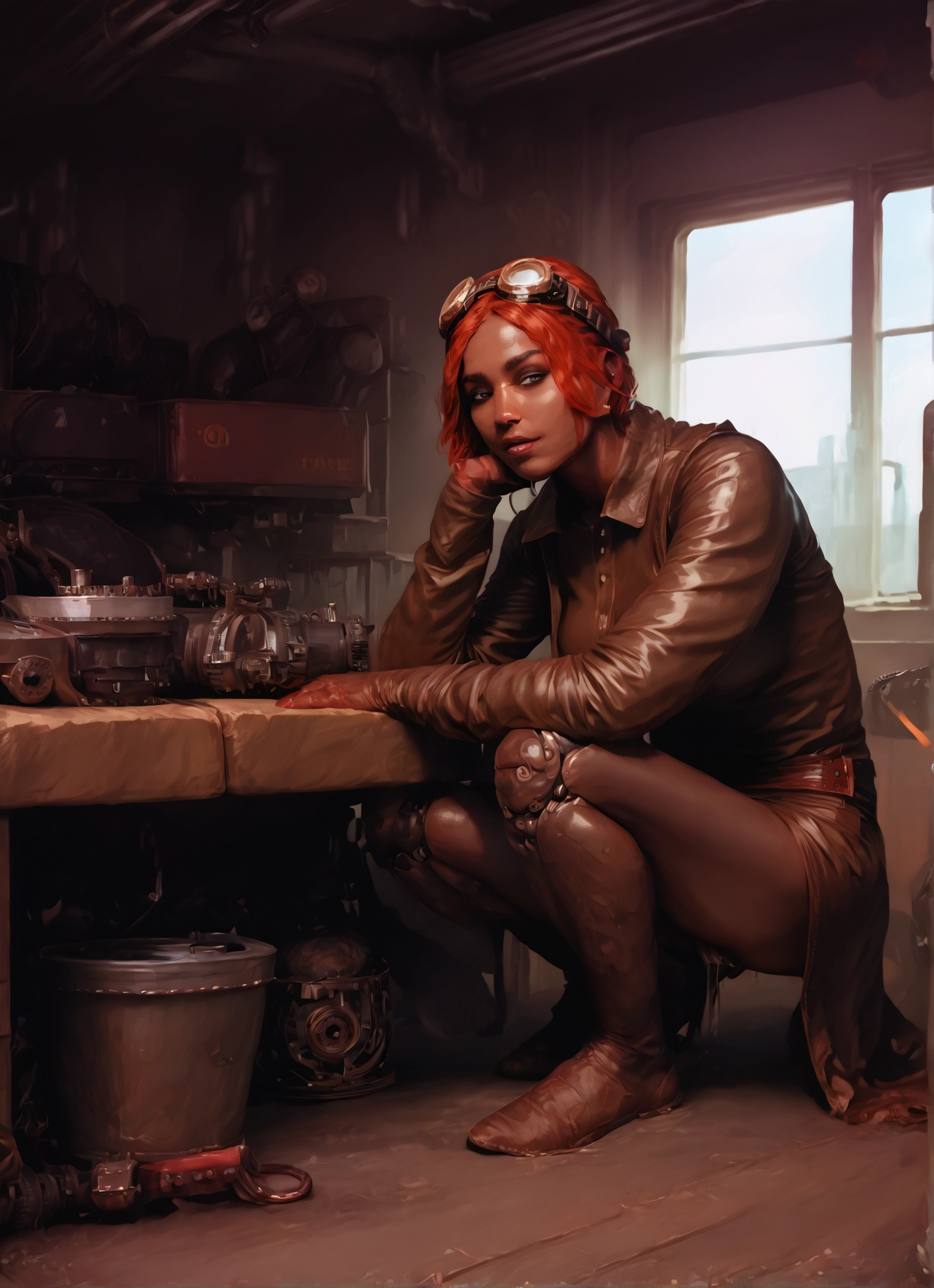 1girl, goggles, solo, goggles on head, squatting, boots · Yamete.gg