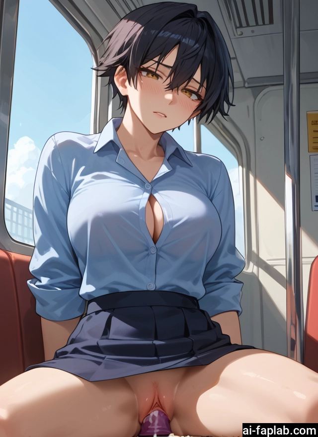 1girl, breasts, skirt, short hair, shirt, pussy