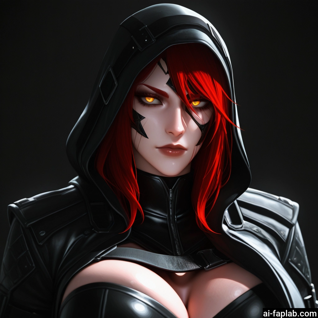 1girl, breasts, red hair, solo, hood, yellow eyes