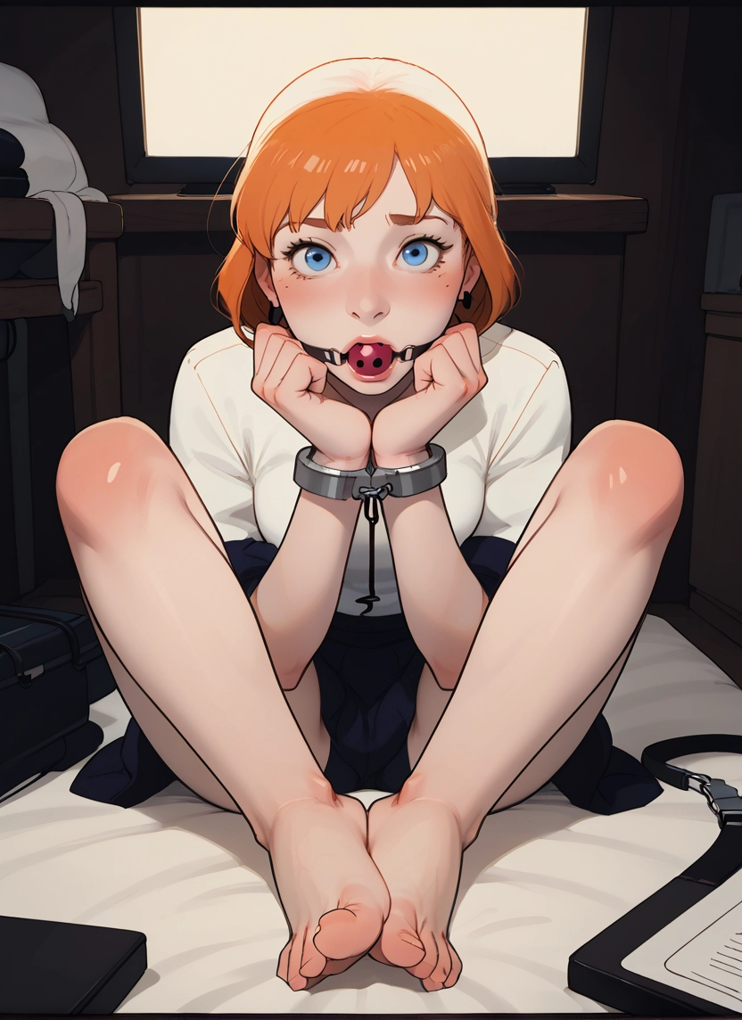 1girl, ball gag, blue eyes, cuffs, barefoot, solo