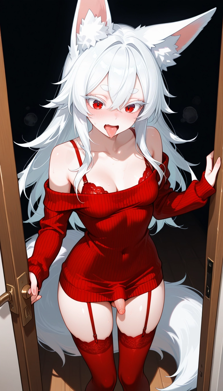 futanari, red eyes, solo, 1girl, animal ears, tongue · Yamete.gg