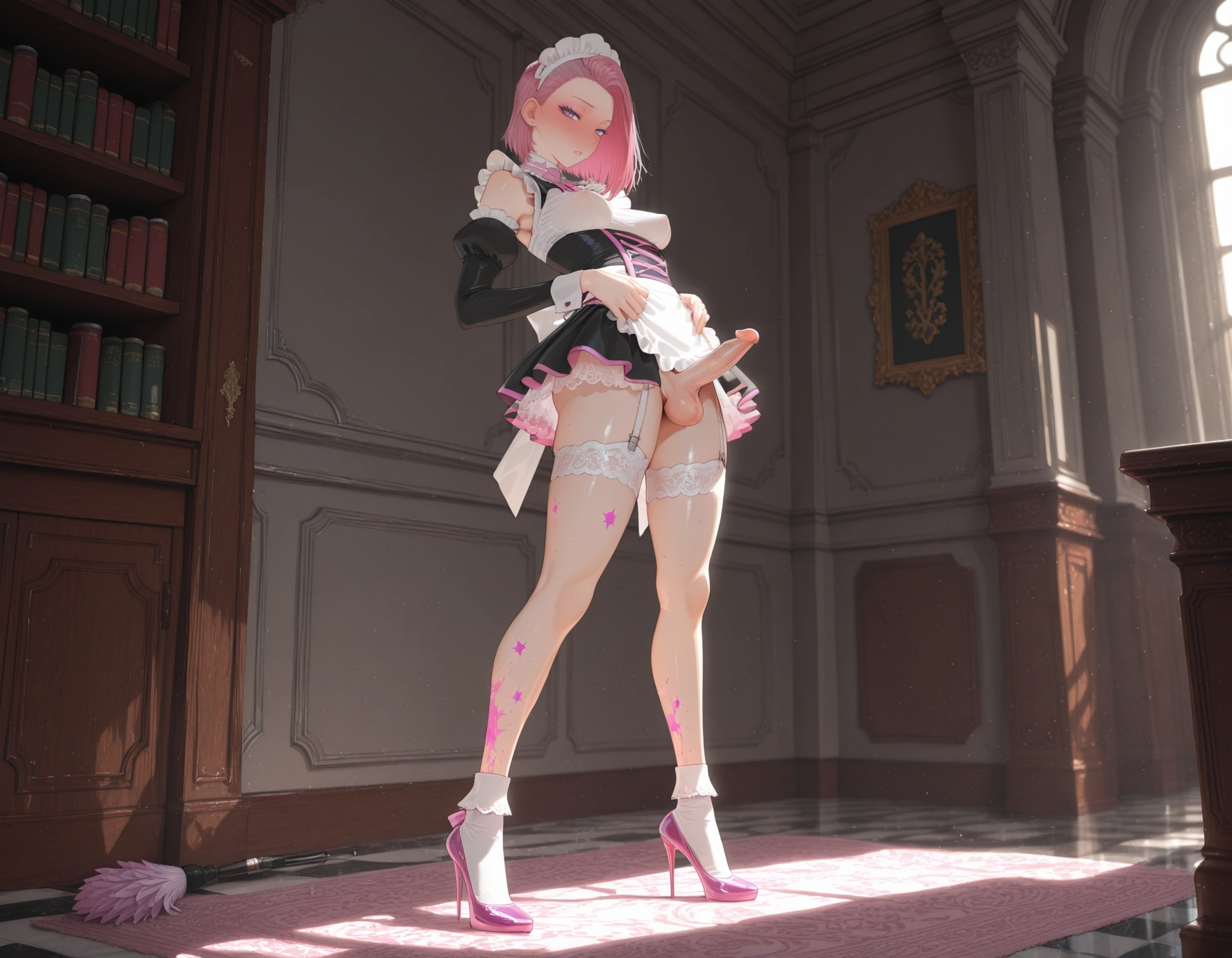 solo, penis, pink hair, high heels, detached sleeves, testicles · Yamete.gg