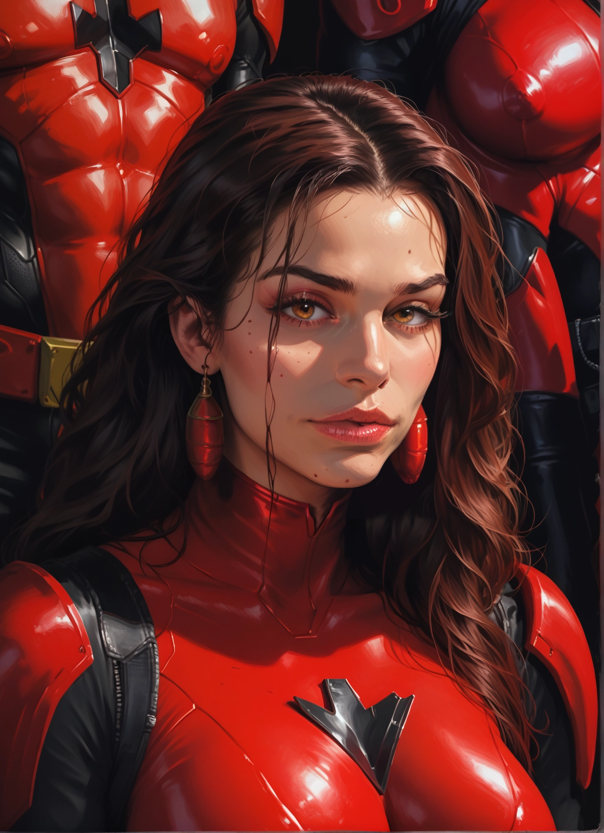 jewelry, earrings, brown hair, mole, bodysuit, freckles · Yamete.gg
