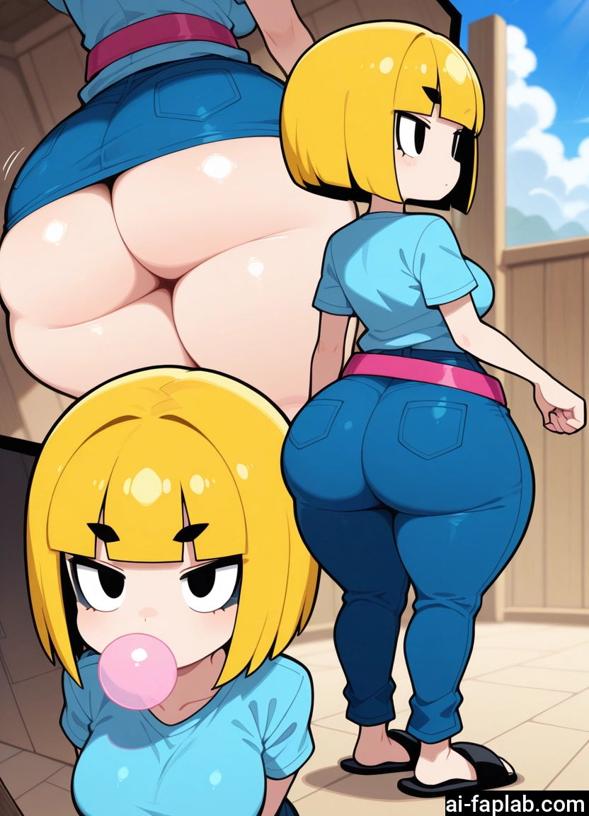 1girl, ass, blonde hair, chewing gum, breasts, bubble blowing