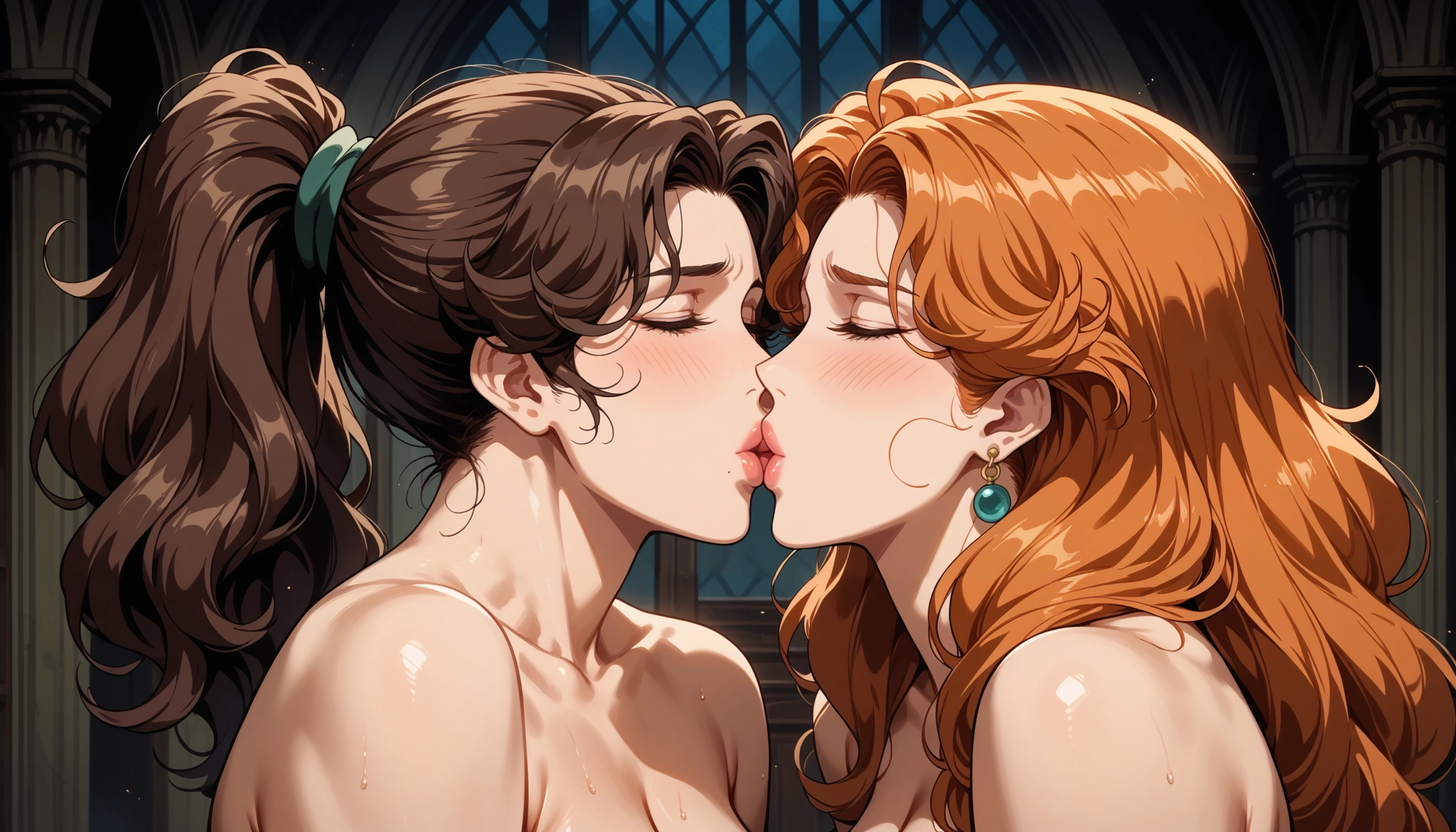 multiple girls, 2girls, kiss, brown hair, yuri, closed eyes · Yamete.gg
