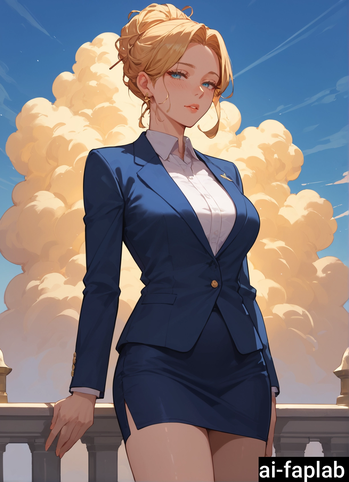1girl, blonde hair, skirt, solo, blue eyes, sky