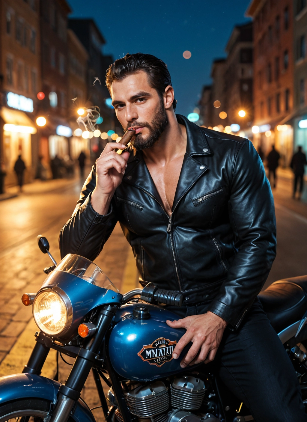 bara, ground vehicle, motor vehicle, motorcycle, facial hair, male focus · Yamete.gg
