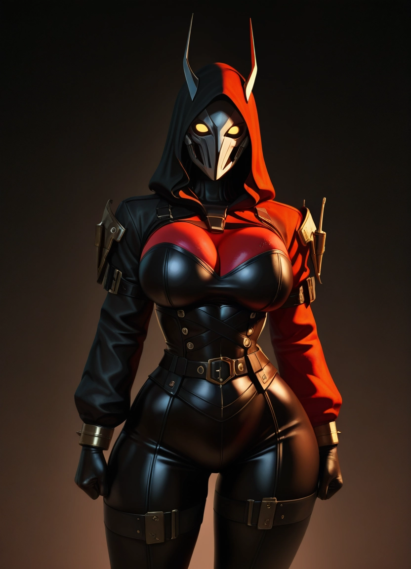 1girl, breasts, solo, hood, large breasts, horns