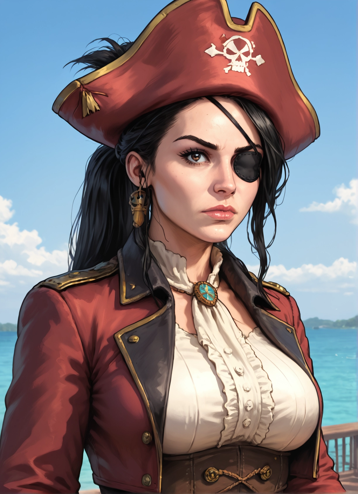 1girl, solo, eyepatch, hat, black hair, jewelry · Yamete.gg