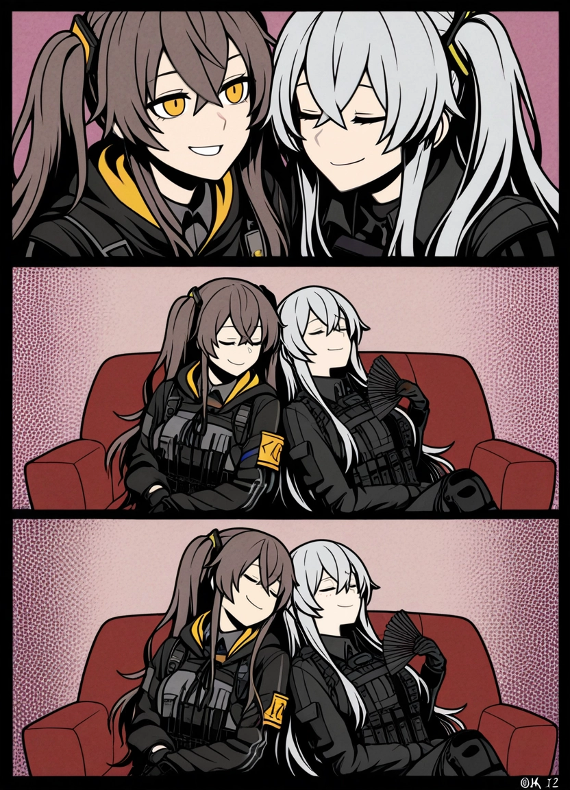 ump45 (girls' frontline), multiple girls, 2girls, brown hair, comic, closed eyes