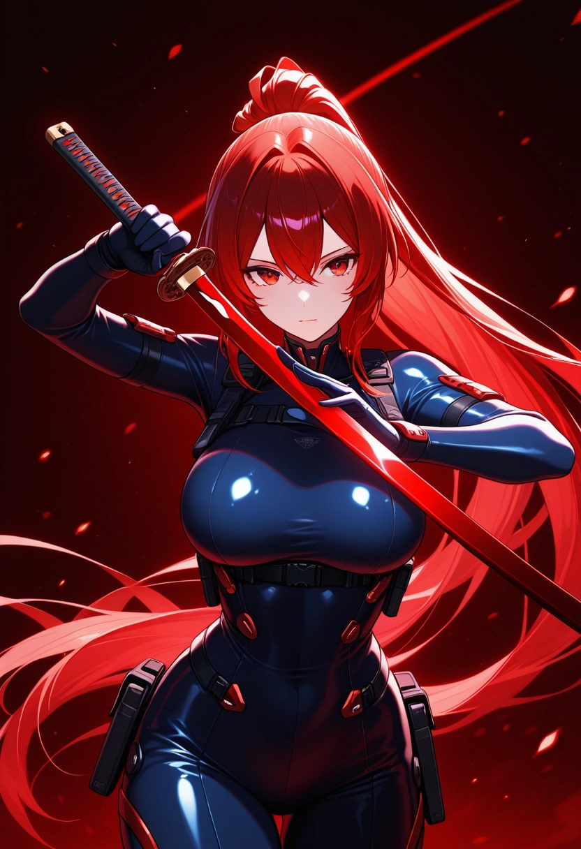 1girl, red eyes, weapon, breasts, red hair, sword · Yamete.gg