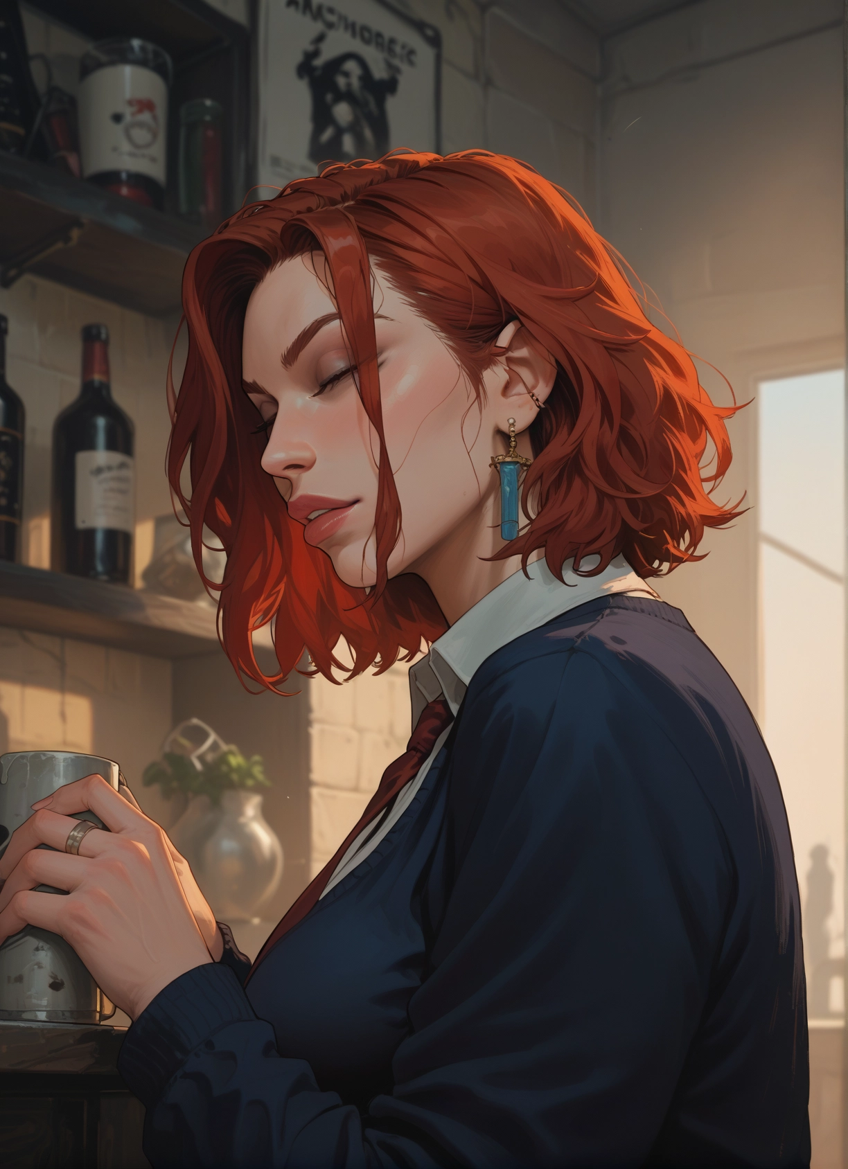 1girl, jewelry, earrings, closed eyes, cup, necktie · Yamete.gg