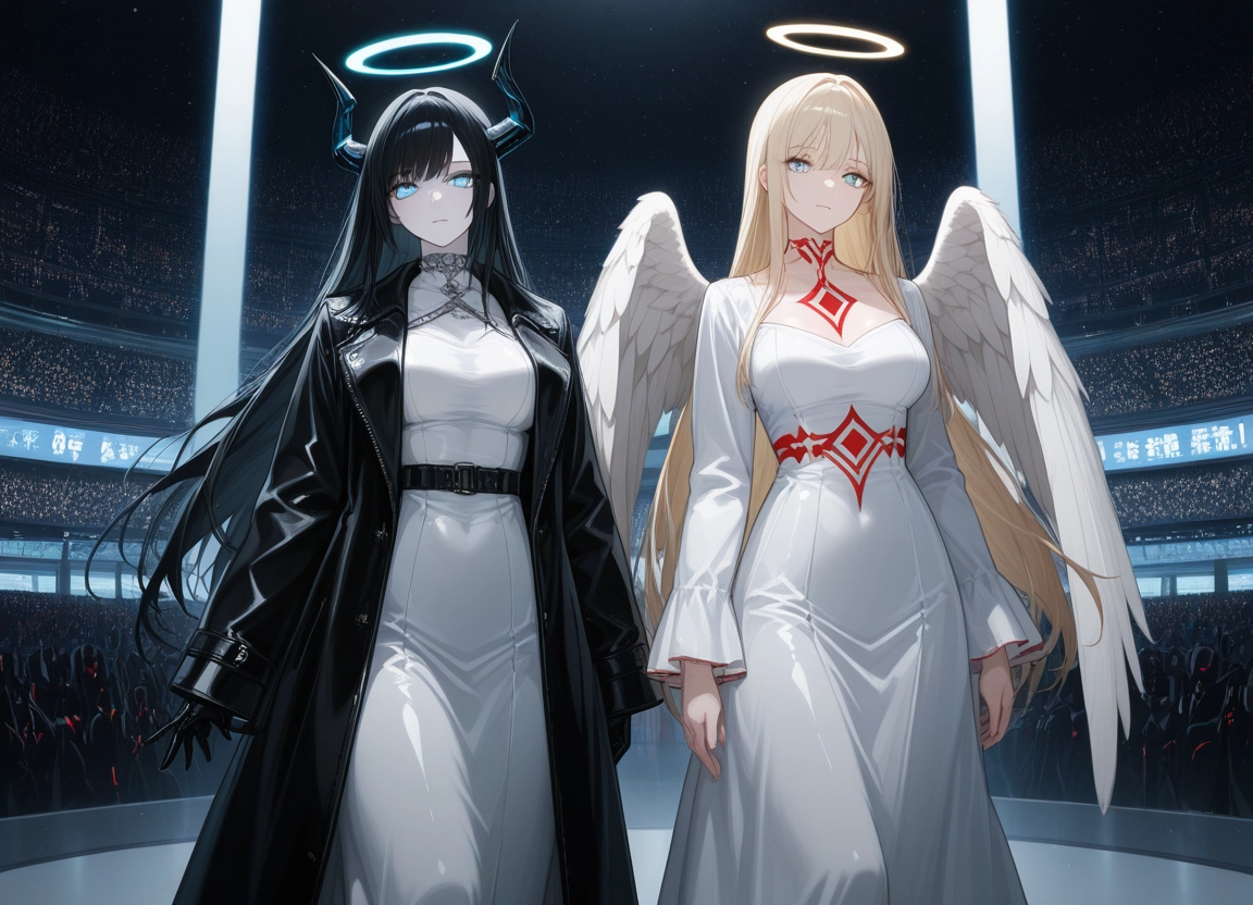 wings, multiple girls, 2girls, dress, halo, horns · Yamete.gg