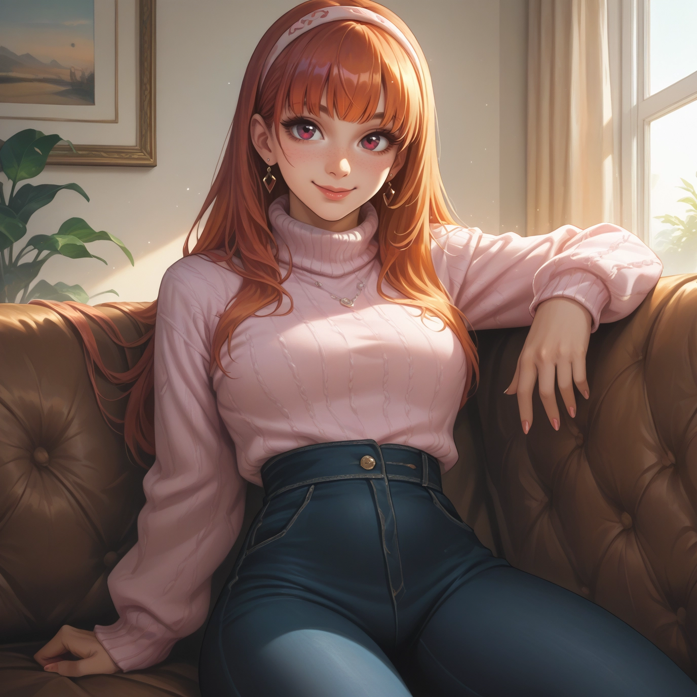 1girl, solo, long hair, jewelry, sweater, earrings · Yamete.gg