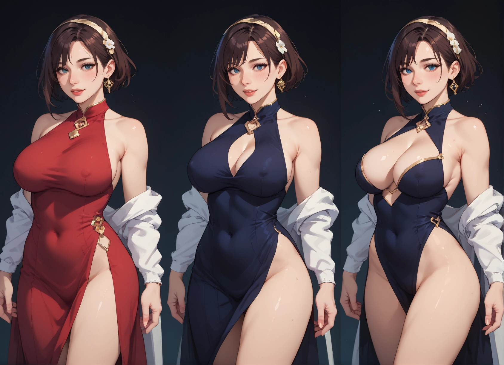 breasts, 1girl, dress, large breasts, brown hair, blue eyes · Yamete.gg