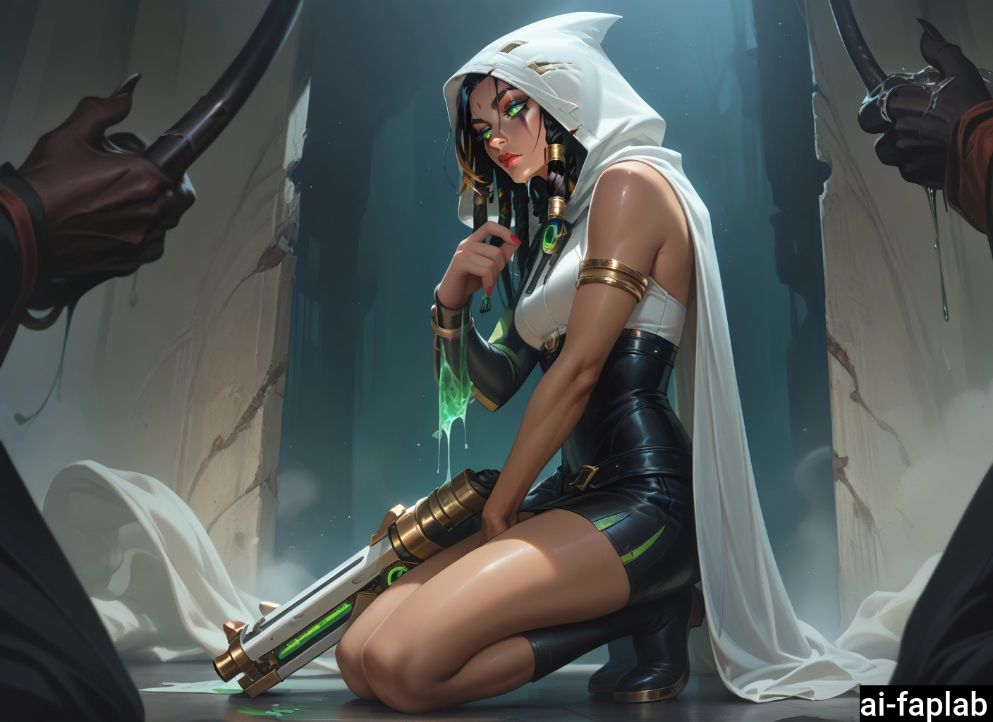1girl, green eyes, dark skin, weapon, hood, boots · Yamete.gg