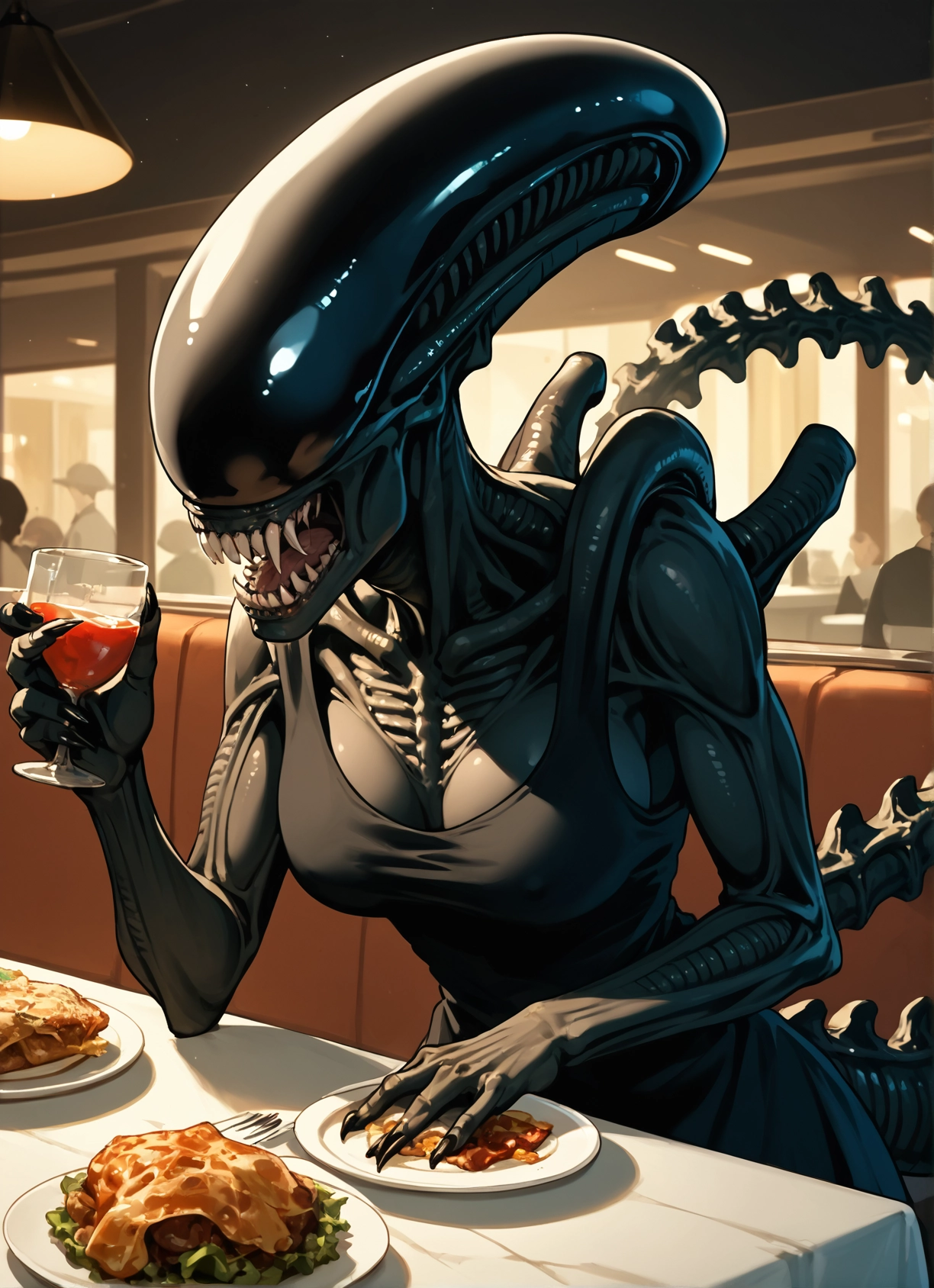 food, cup, drinking glass, teeth, breasts, 1girl · Yamete.gg