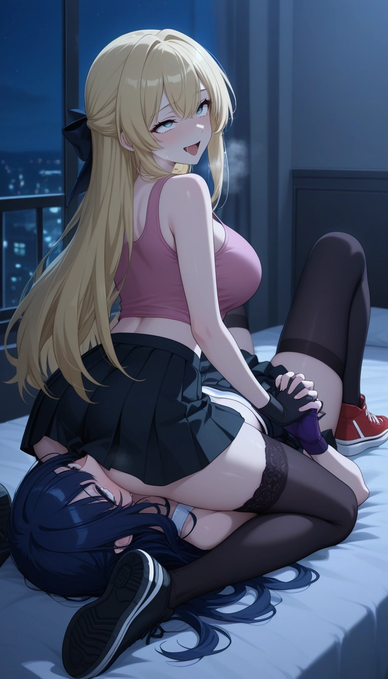 multiple girls, yuri, skirt, thighhighs, 2girls, blonde hair · Yamete.gg