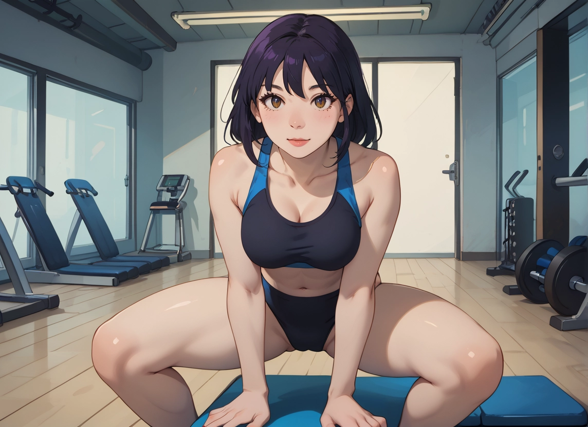 1girl, breasts, solo, looking at viewer, sports bra, indoors · Yamete.gg