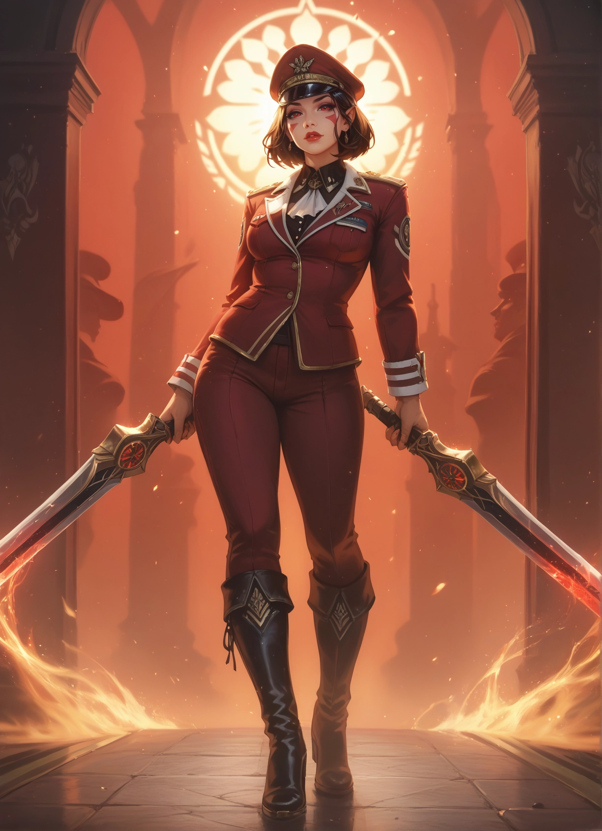 1girl, weapon, hat, boots, sword, dual wielding · Yamete.gg