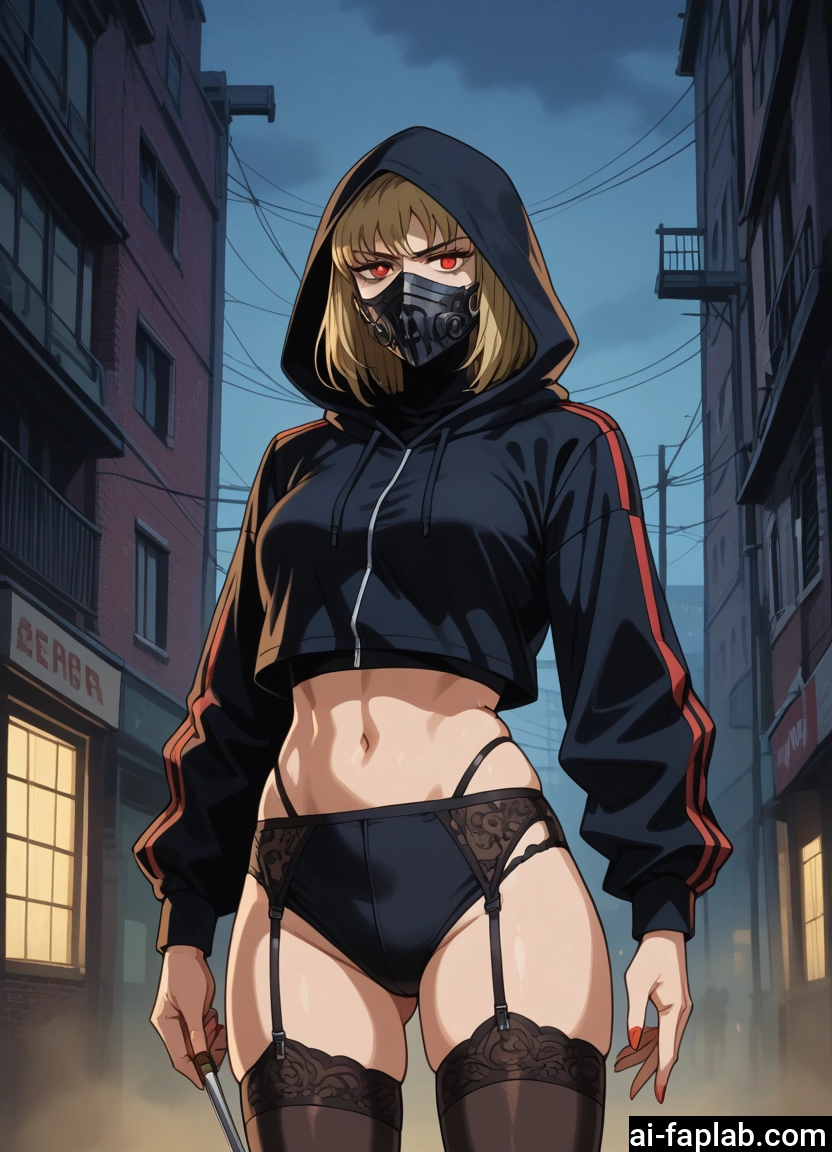 1girl, thighhighs, red eyes, mask, hood, navel