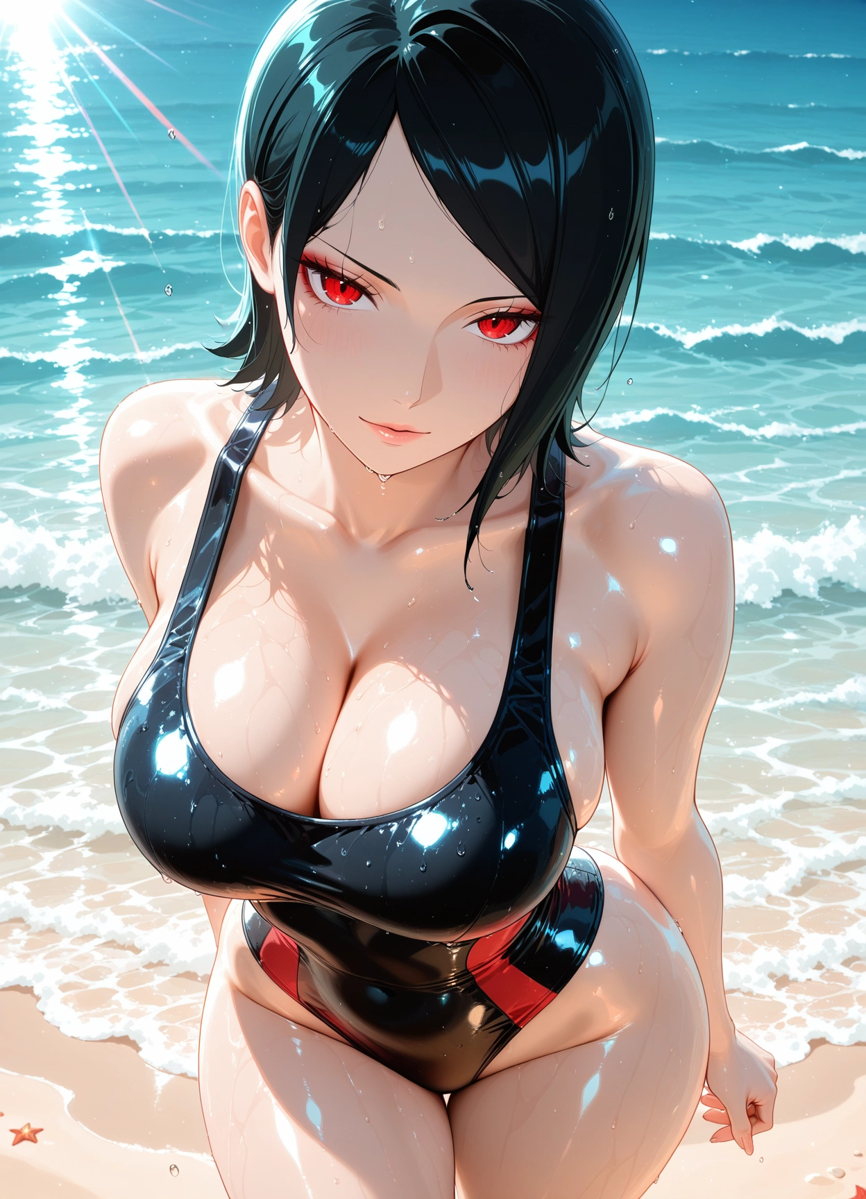 1girl, breasts, solo, red eyes, one-piece swimsuit, wet · Yamete.gg