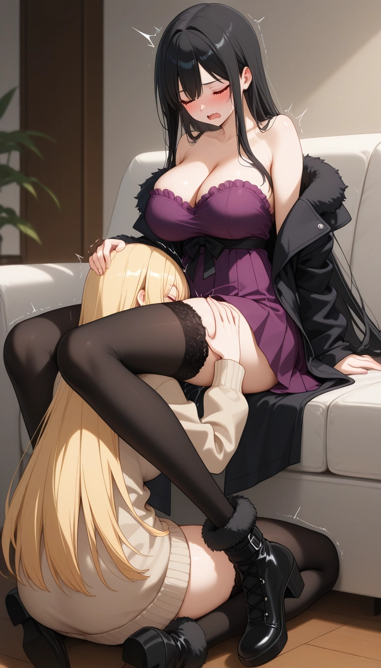 breasts, thighhighs, multiple girls, 2girls, sitting, long hair