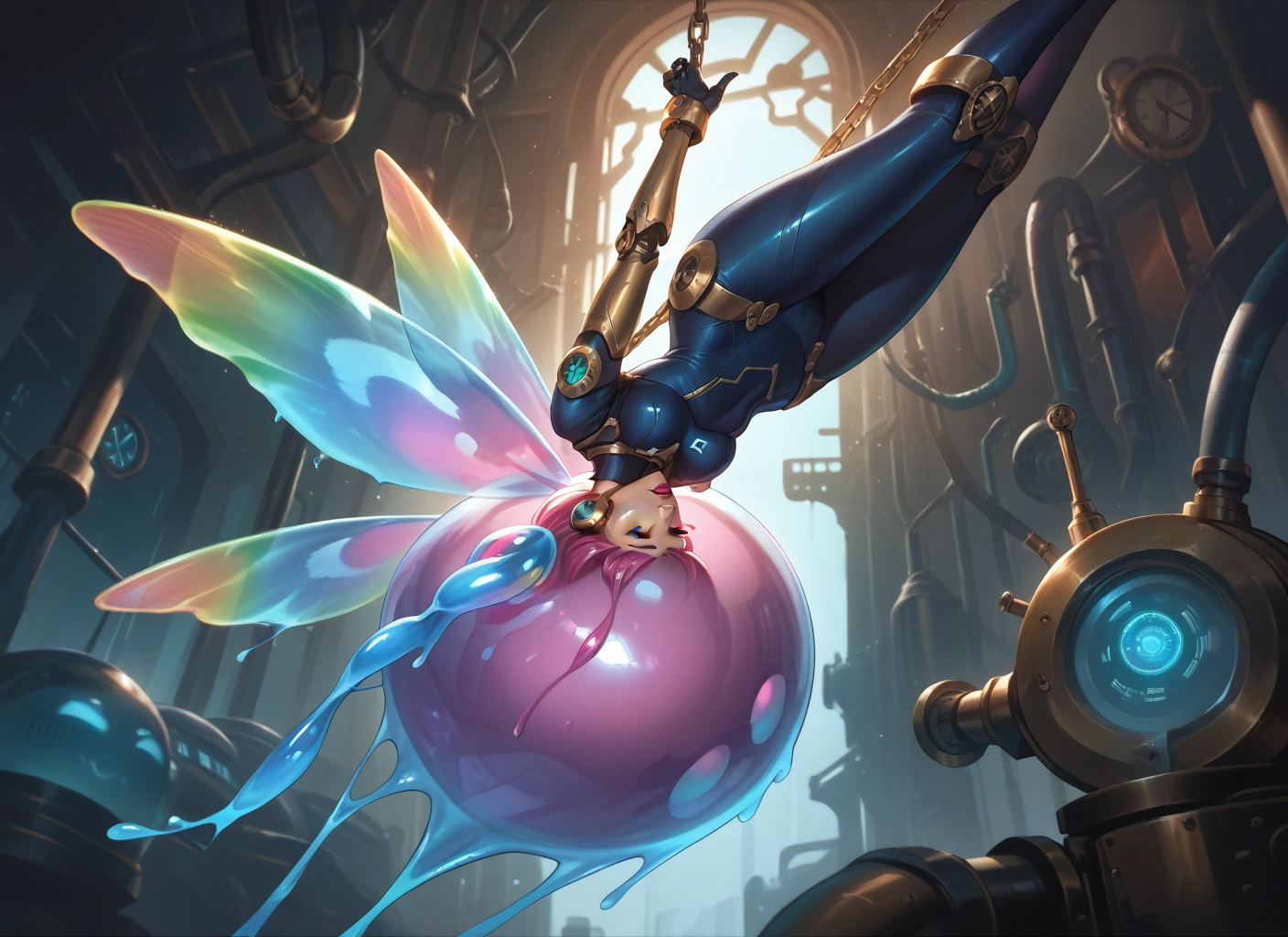 1girl, pink hair, blue eyes, wings, upside-down, solo · Yamete.gg