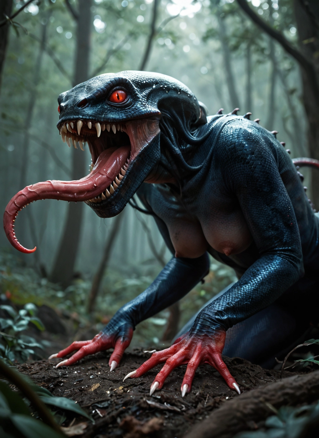 breasts, tongue, nipples, 1girl, nature, teeth · Yamete.gg