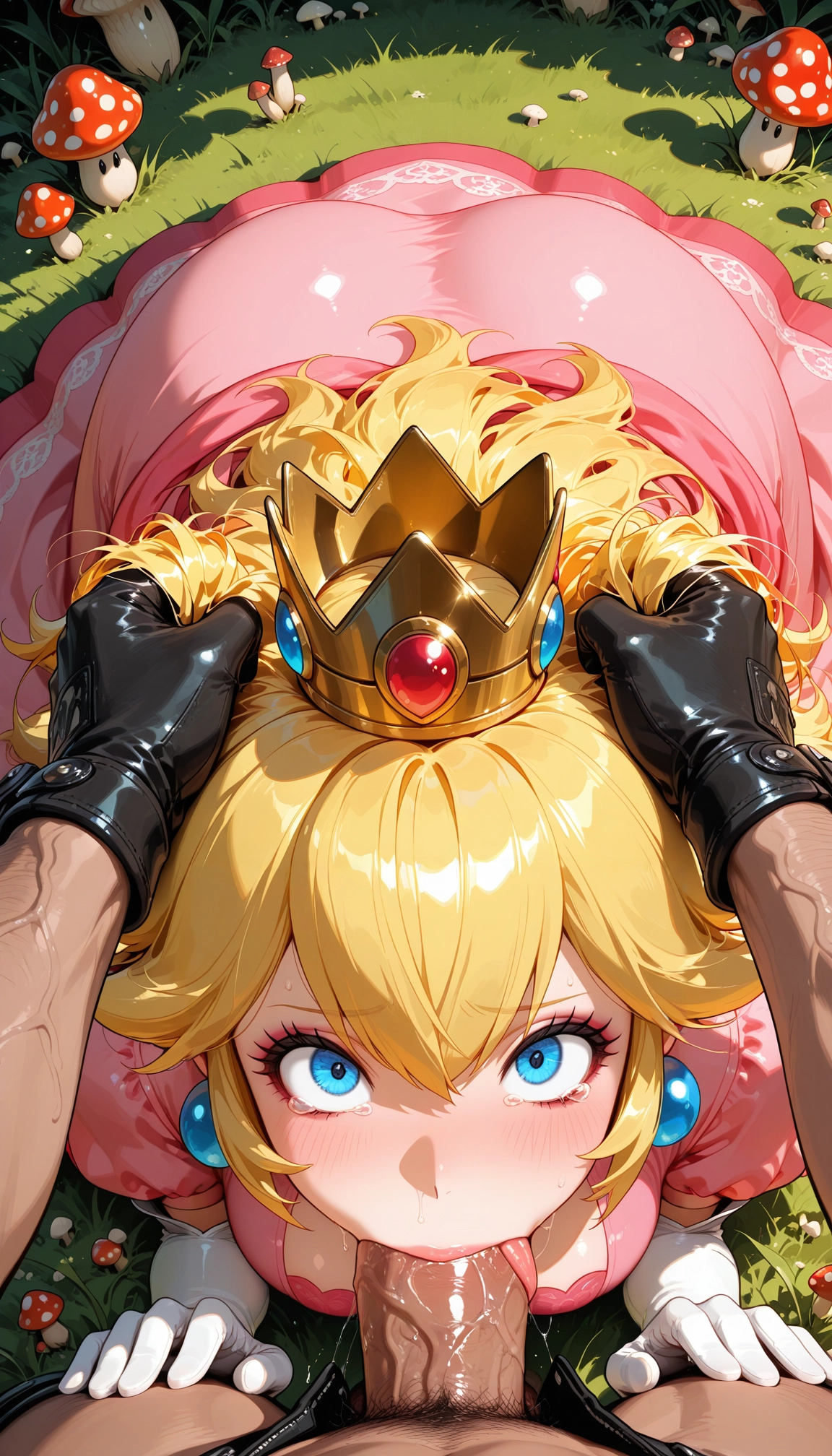 crown, 1girl, oral, fellatio, pink dress, blonde hair · Yamete.gg