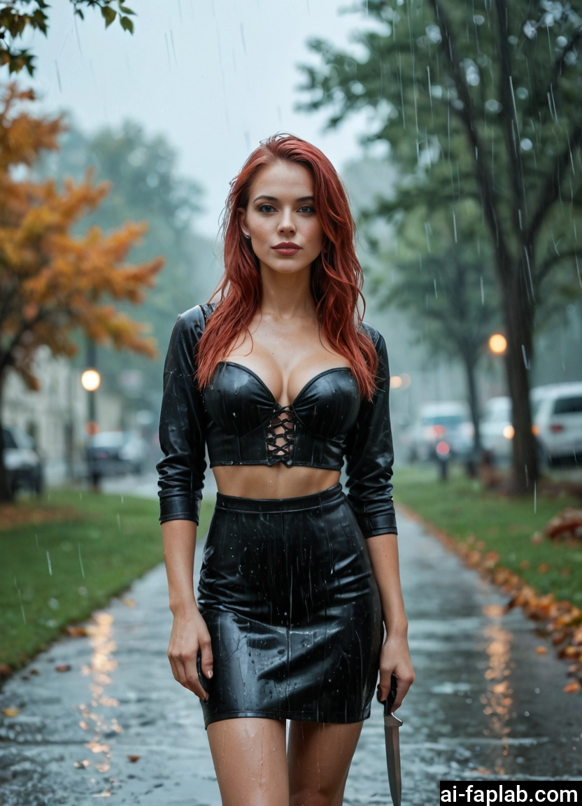 1girl, rain, breasts, solo, skirt, wet
