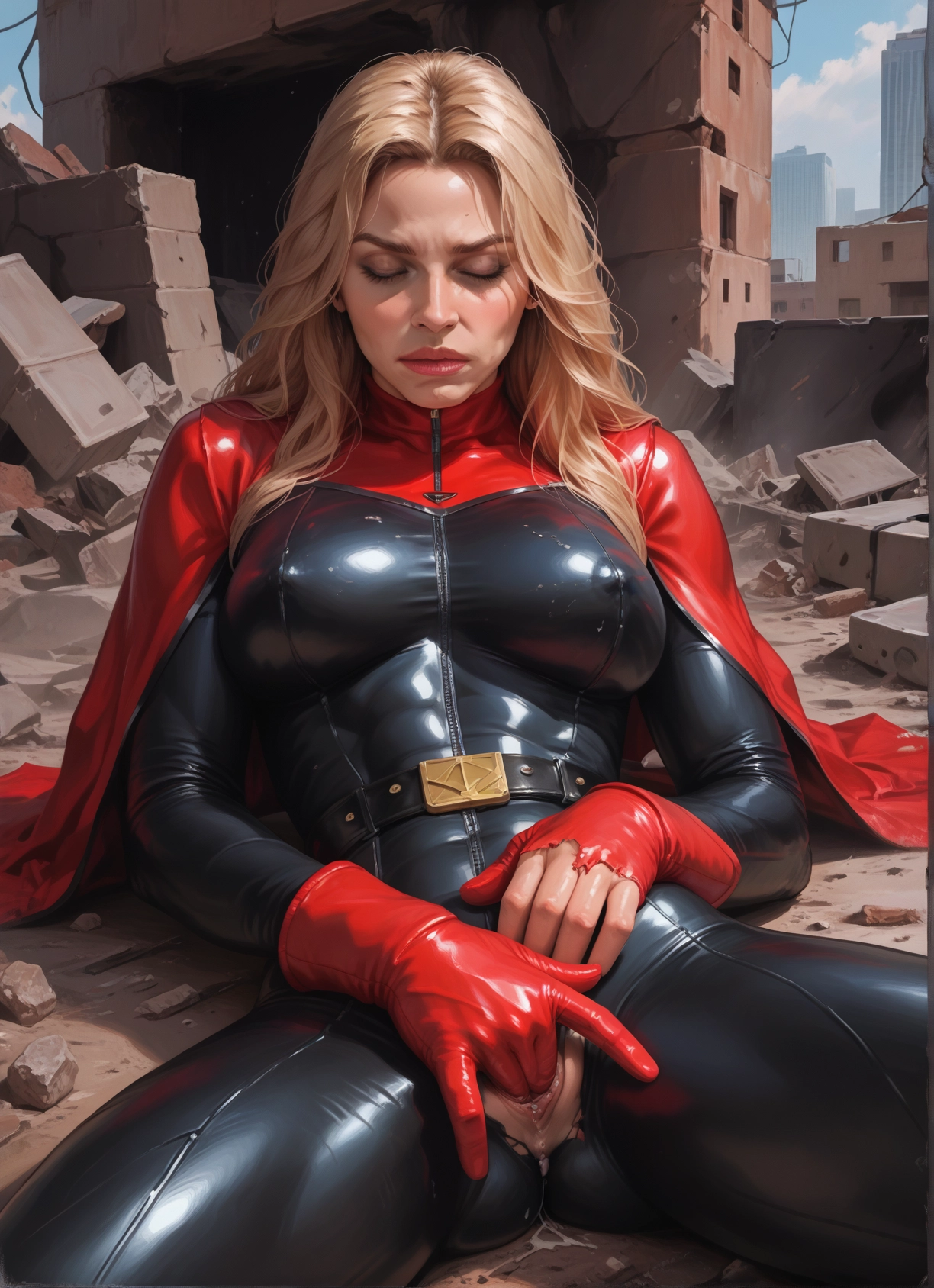 1girl, solo, blonde hair, bodysuit, breasts, covered nipples · Yamete.gg