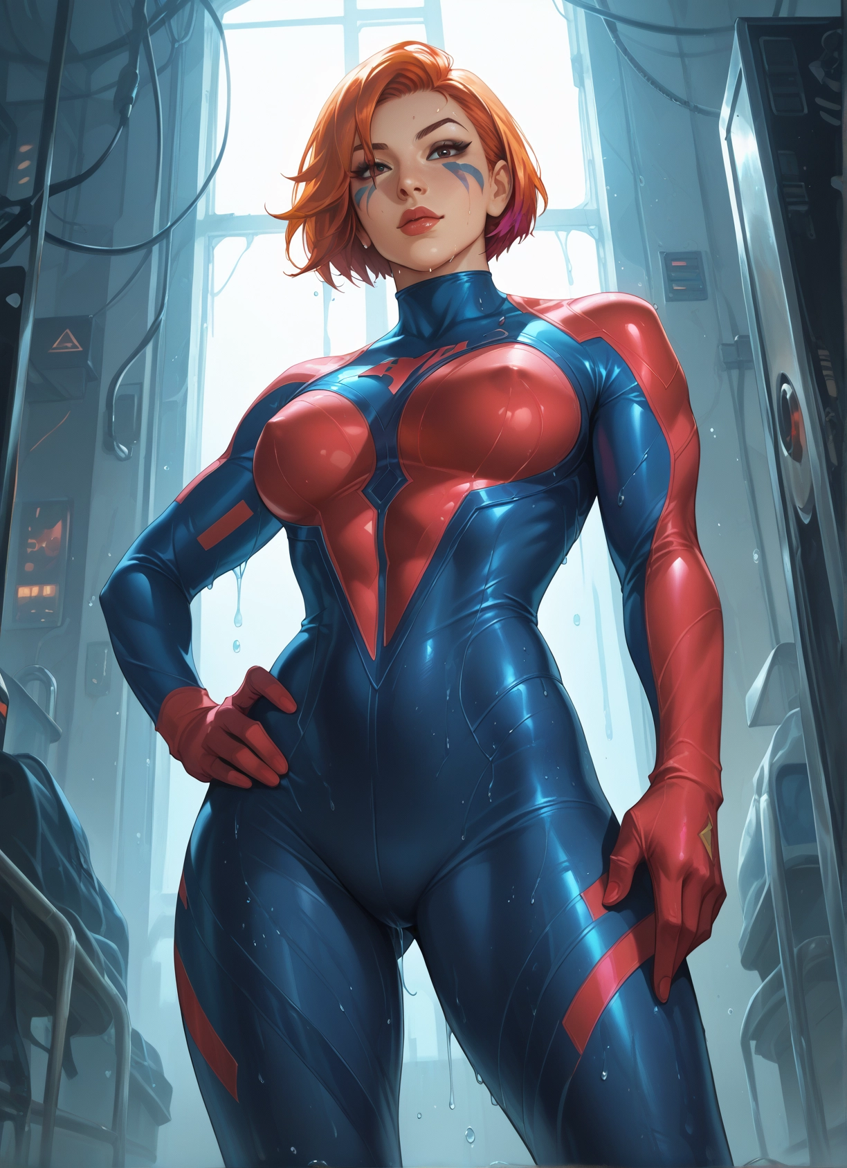 1girl, bodysuit, breasts, short hair, solo, wet · Yamete.gg